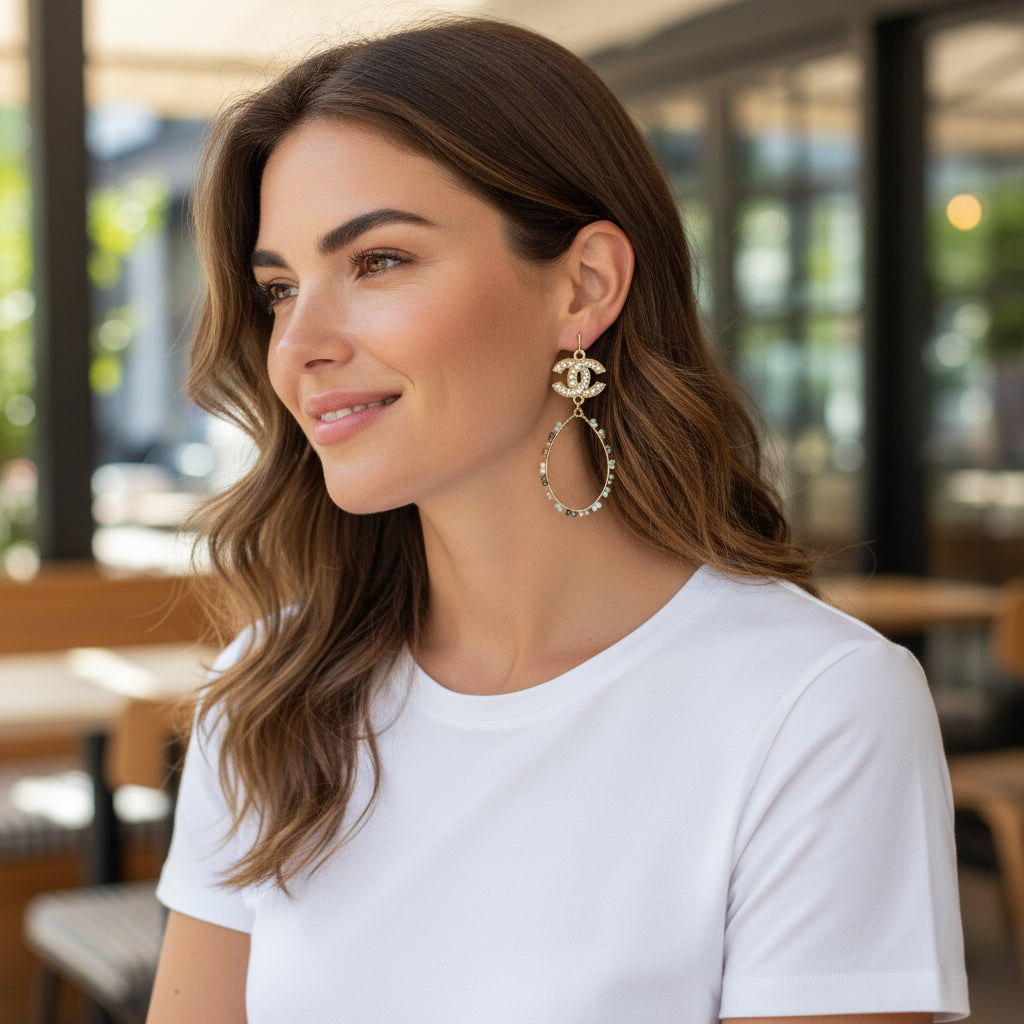 Pave Charm Beaded Oval Drop Earrings