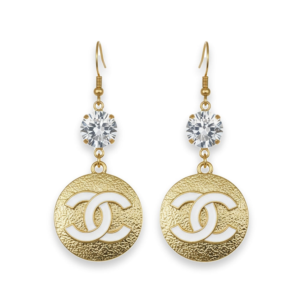 Crystal Top Textured Signature Disc Drop Earrings