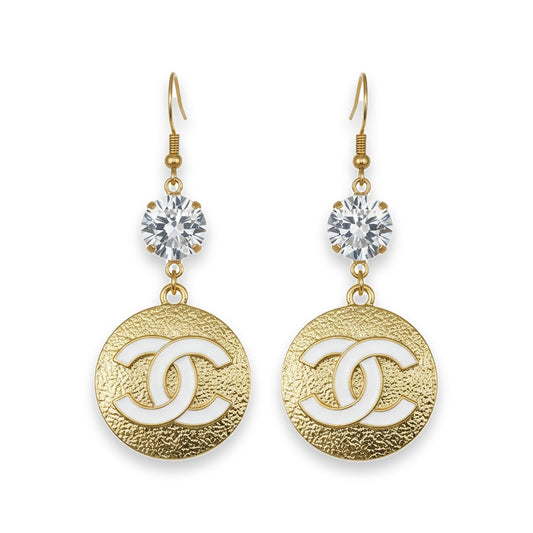 Crystal Top Textured Signature Disc Drop Earrings