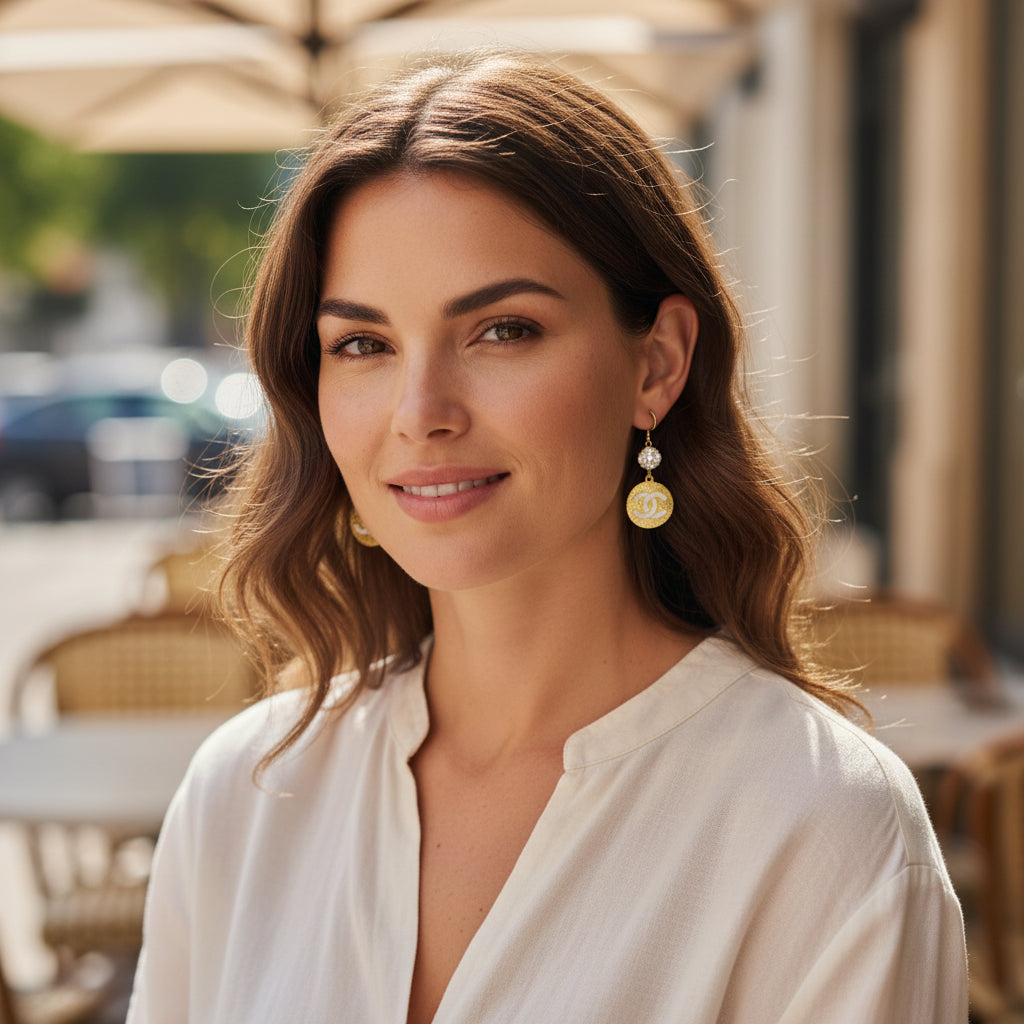 Crystal Top Textured Signature Disc Drop Earrings