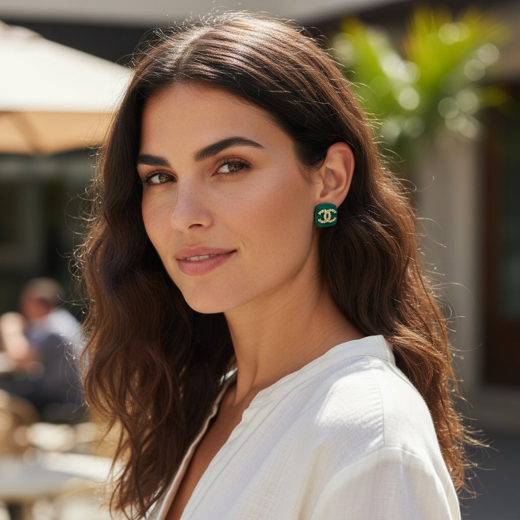 Green Textured Pave Stud Earrings