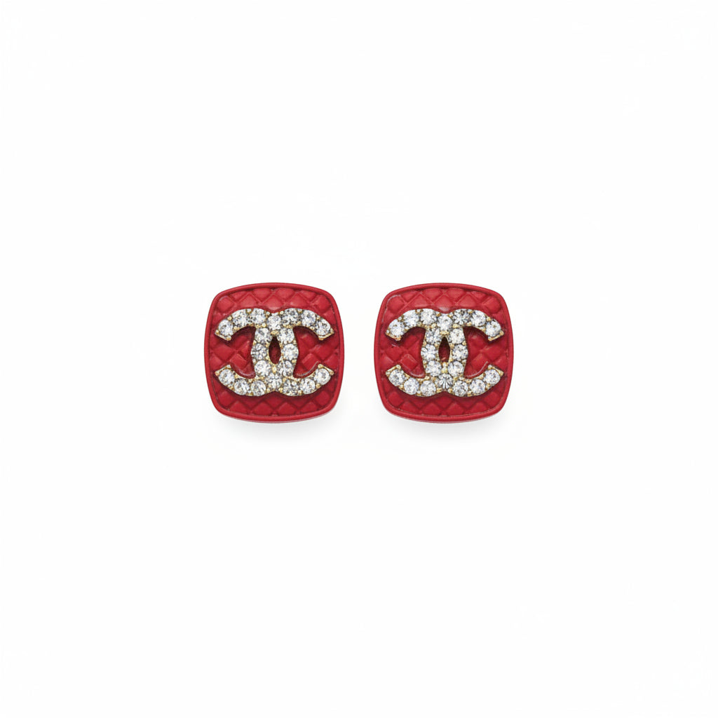 Red Textured Pave Stud Earrings