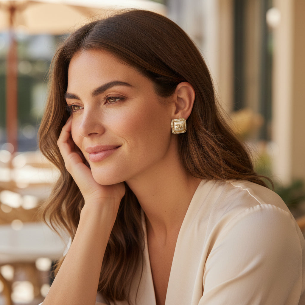 Ivory Pave Frame Stud Earrings