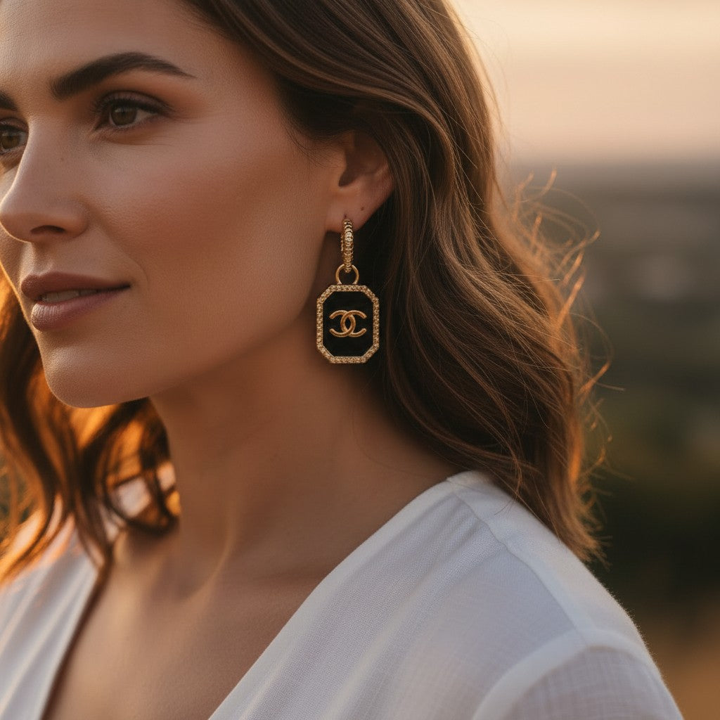 Black Enamel Pave Frame Drop Earrings