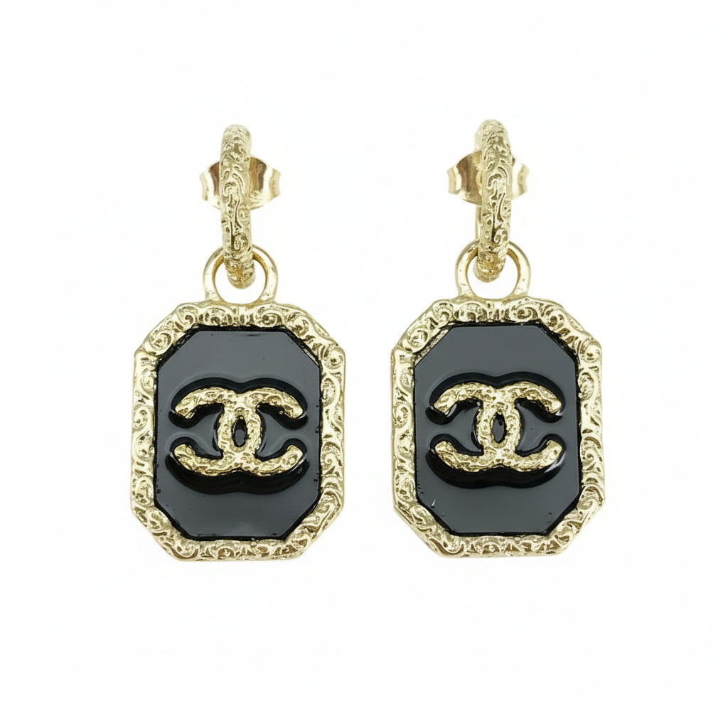 Black Enamel Pave Frame Drop Earrings