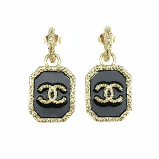 Black Enamel Pave Frame Drop Earrings