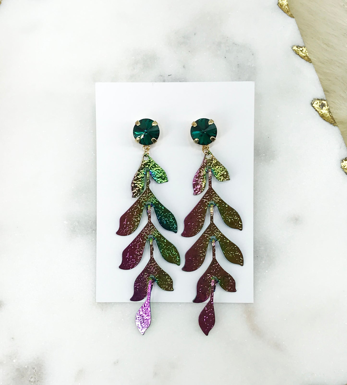 Crystal & Leaf Pendant Earrings - E19-4327