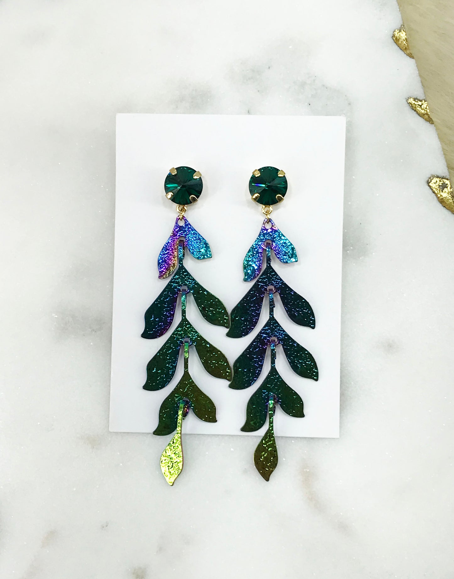 Crystal & Leaf Pendant Earrings - E19-4327