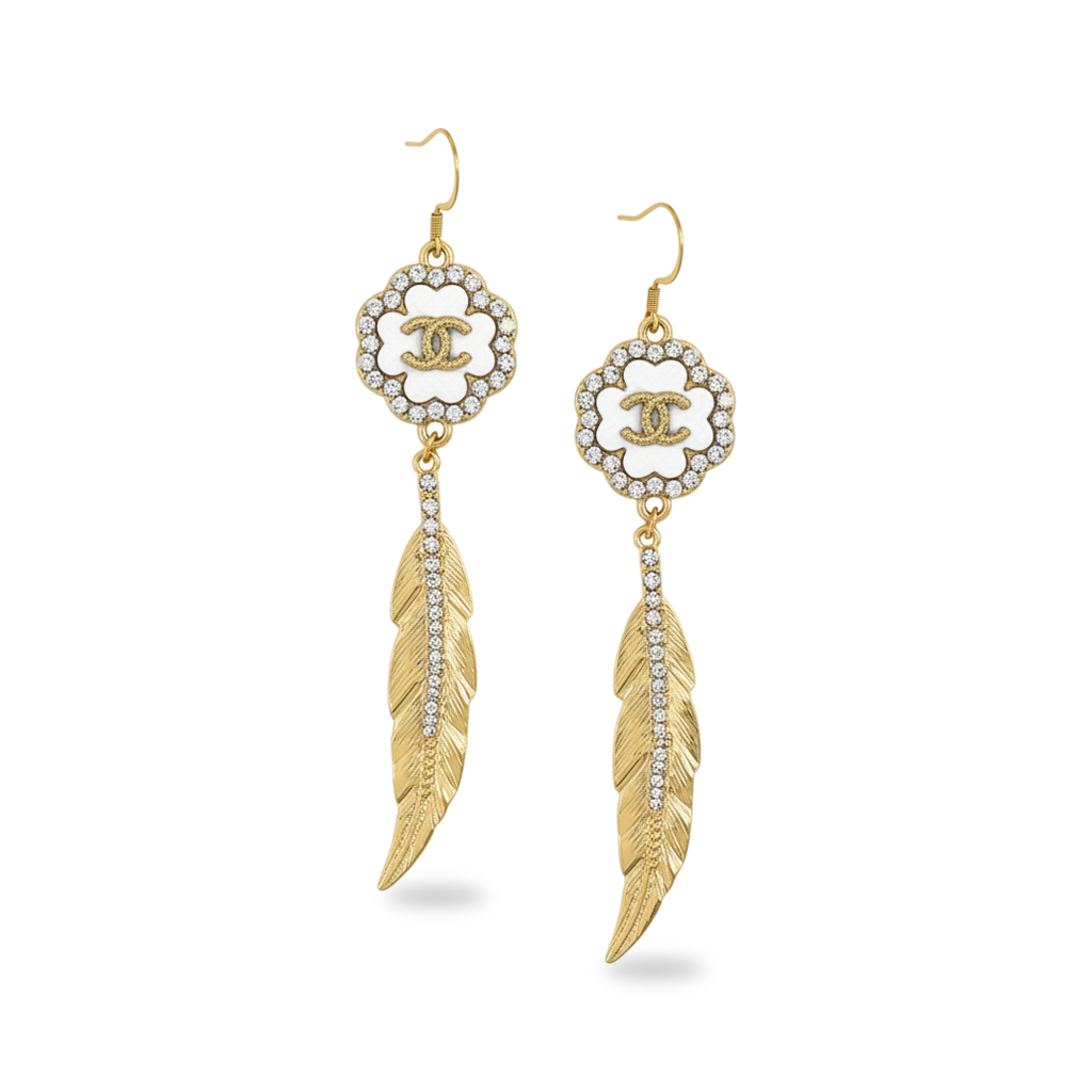 Pave Flower Feather Drop Earrings