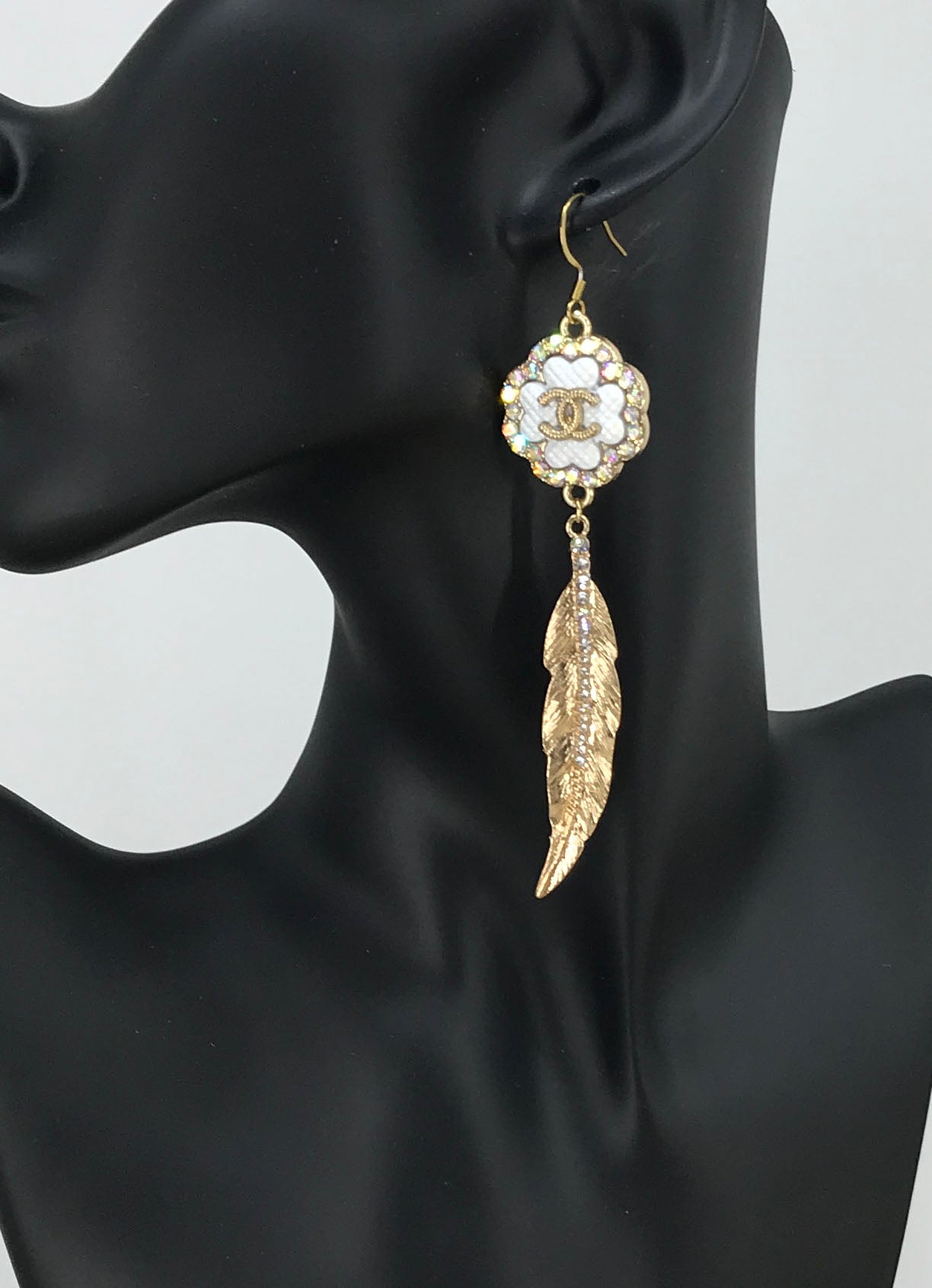 Pave Flower Feather Drop Earrings