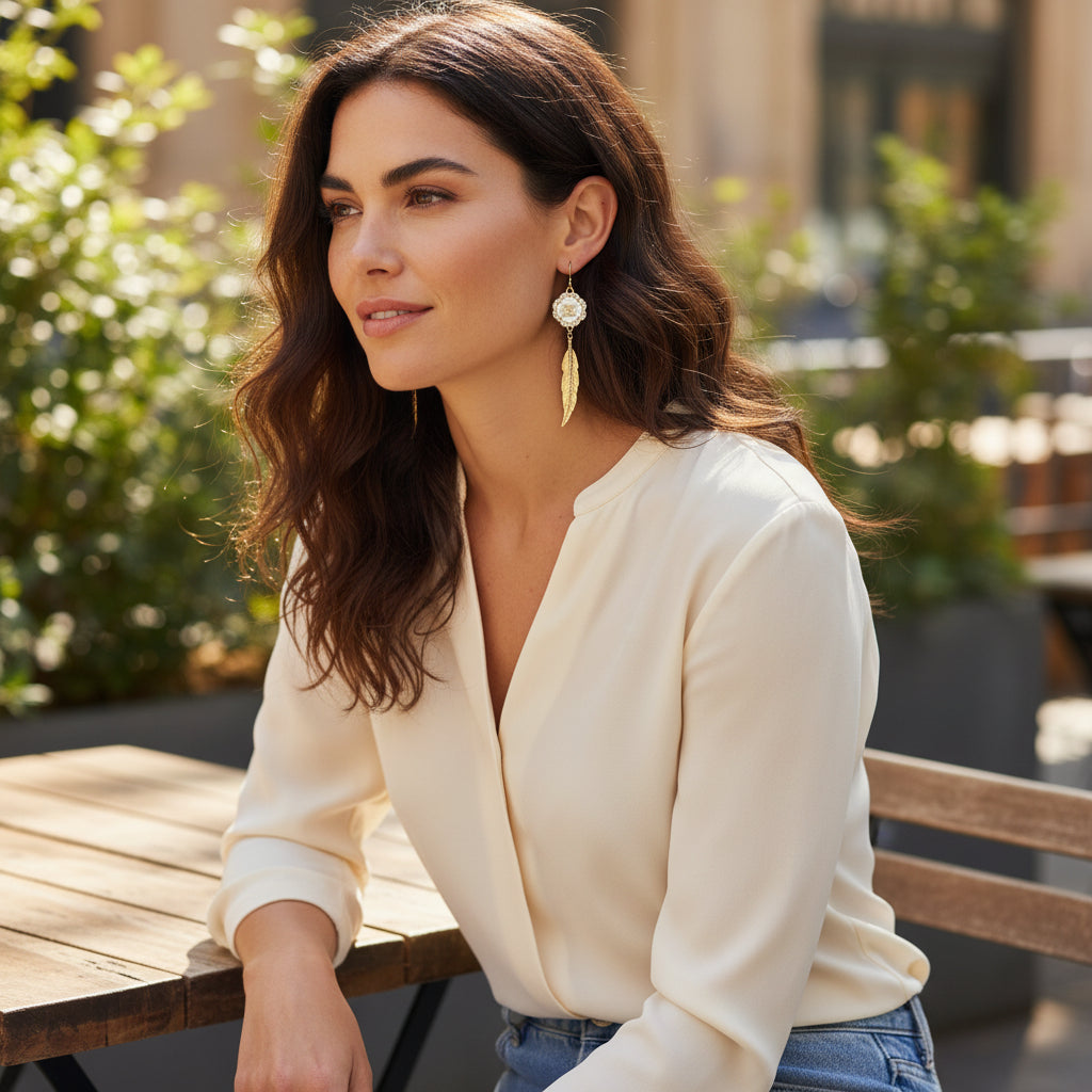 Pave Flower Feather Drop Earrings