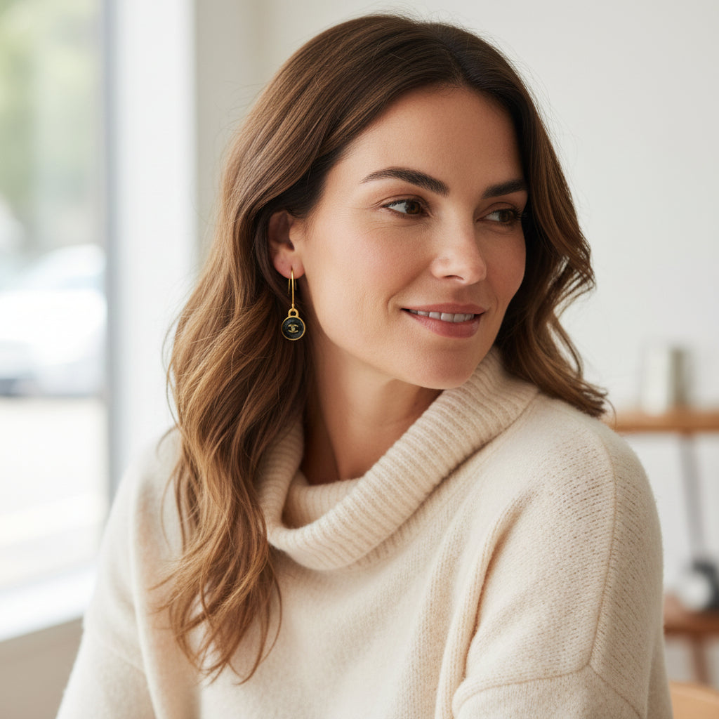 Black Signature Charm Marquise Hook Earrings