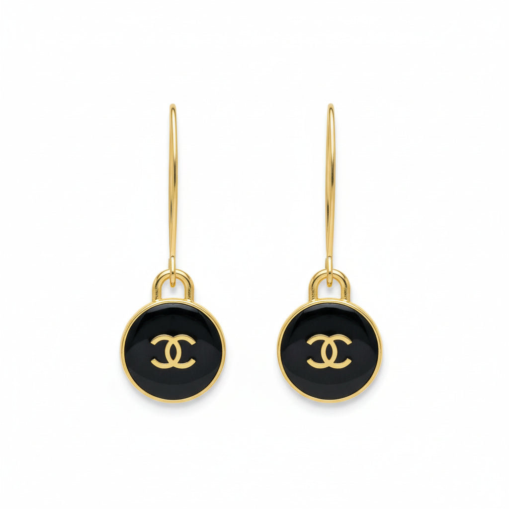 Black Signature Charm Marquise Hook Earrings