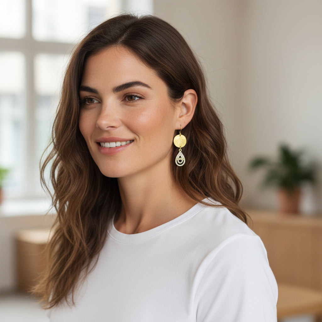 Brushed Disc Teardrop Charm Drop Earrings