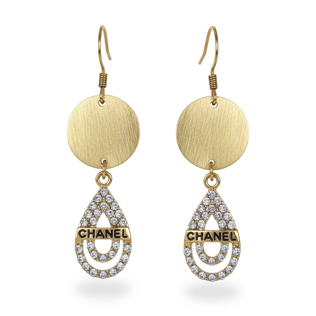 Brushed Disc Teardrop Charm Drop Earrings