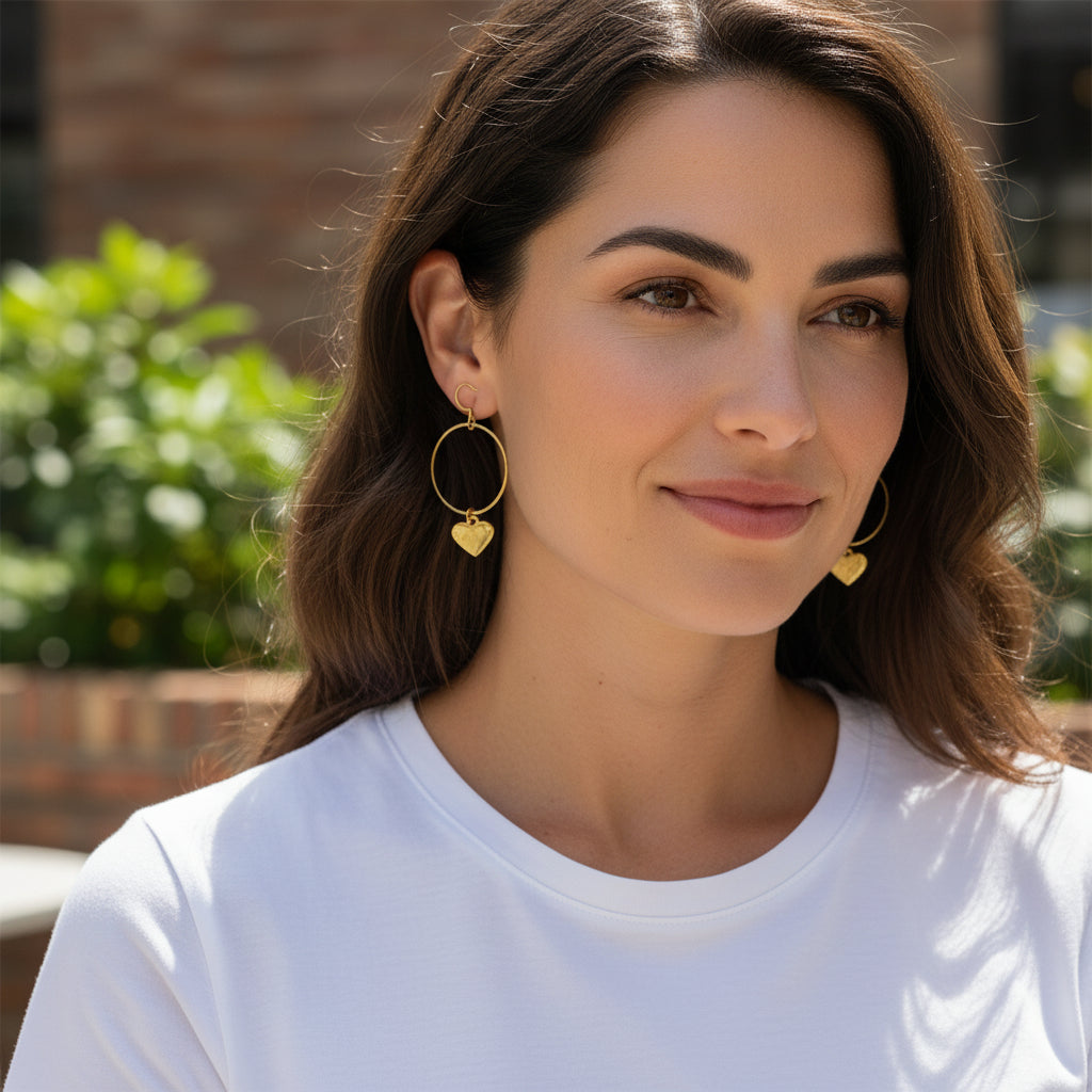 Golden Heart Charm Hoop Earrings