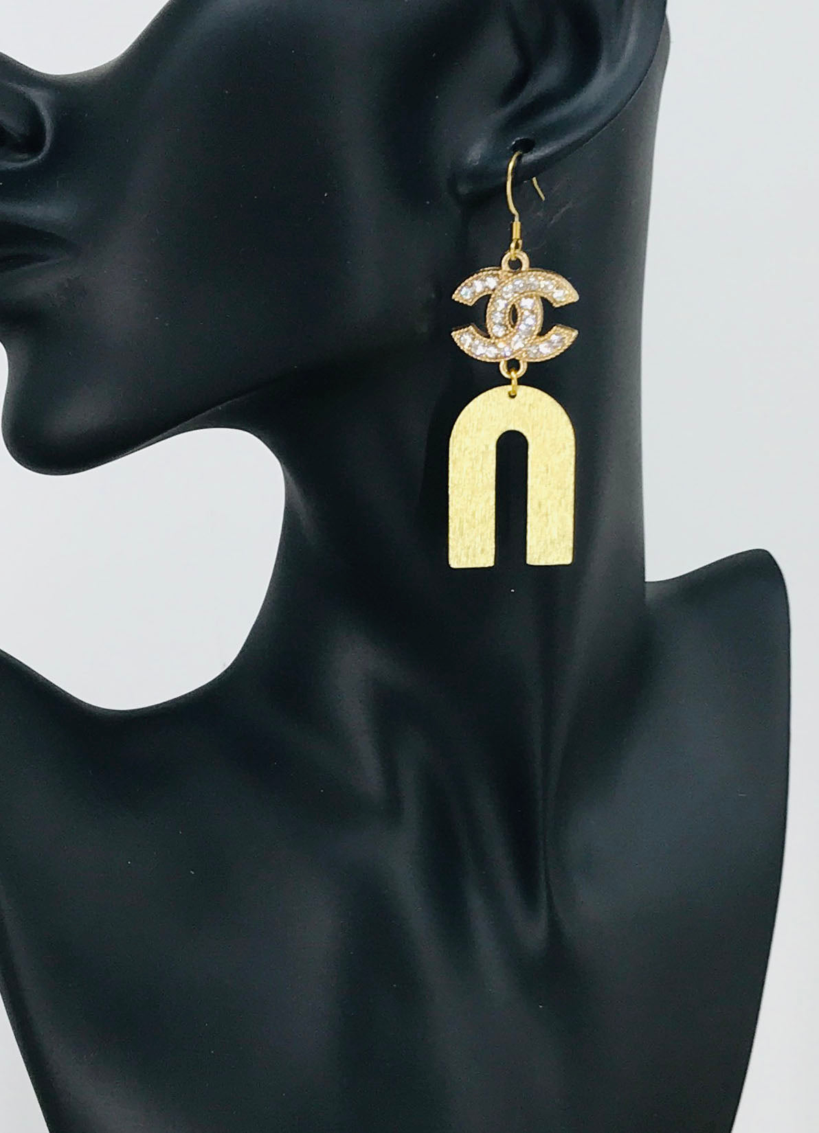 Rhinestone Charm Brushed U Drop Earrings