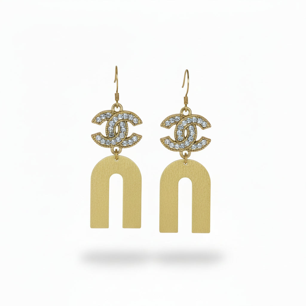 Rhinestone Charm Brushed U Drop Earrings