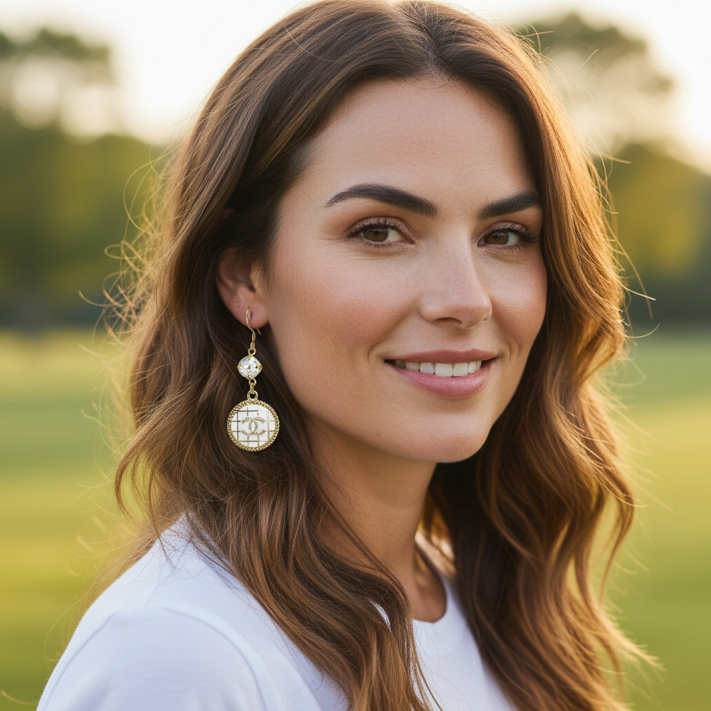 Crystal Top Ivory Signature Charm Drop Earrings