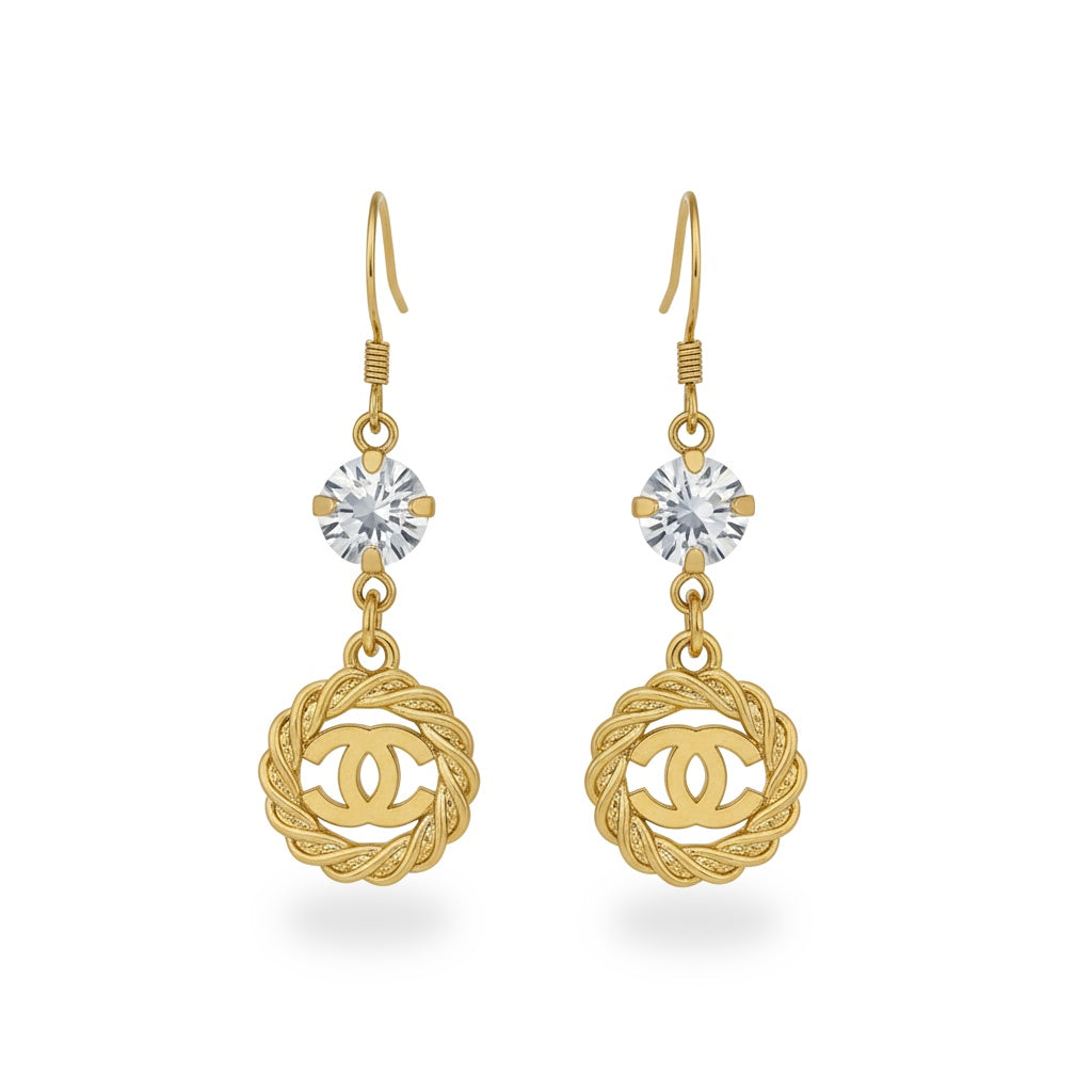 Crystal Top Braided Signature Charm Drop Earrings