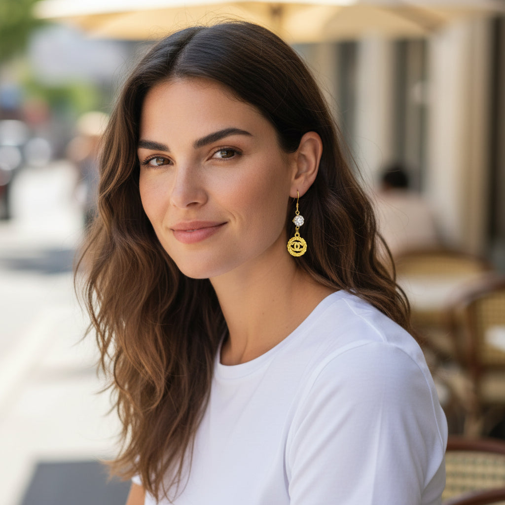 Crystal Top Braided Signature Charm Drop Earrings