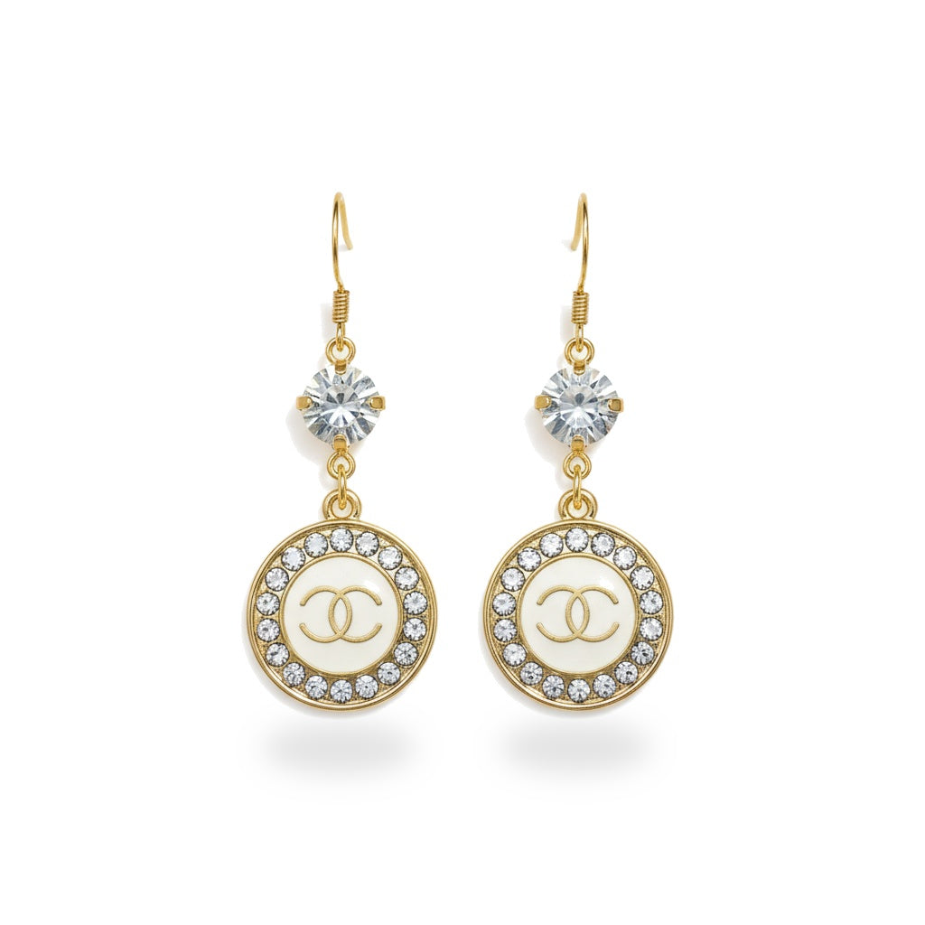 Crystal Top Pave Halo Signature Charm Drop Earrings