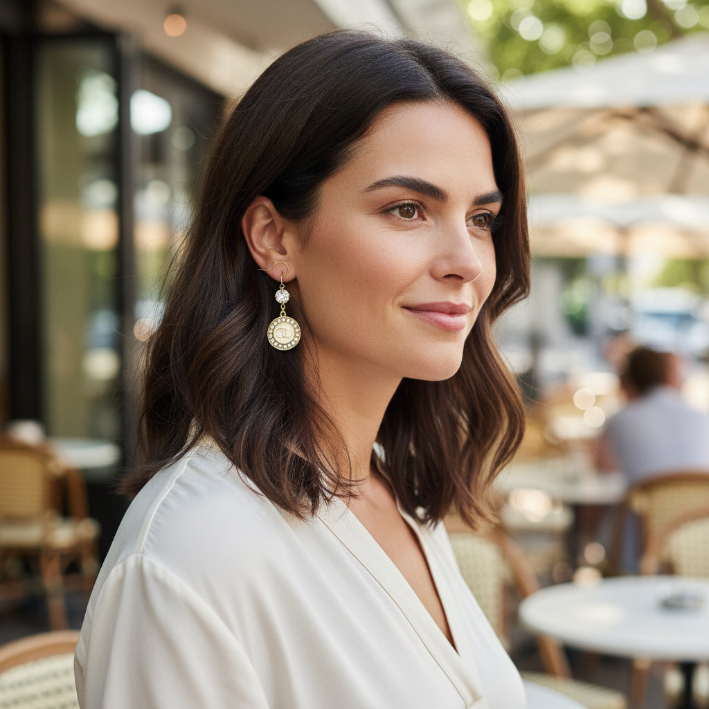 Crystal Top Pave Halo Signature Charm Drop Earrings