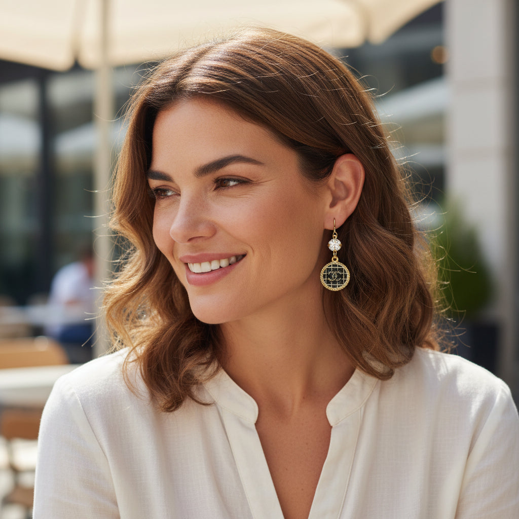Crystal Top Noir Signature Charm Drop Earrings