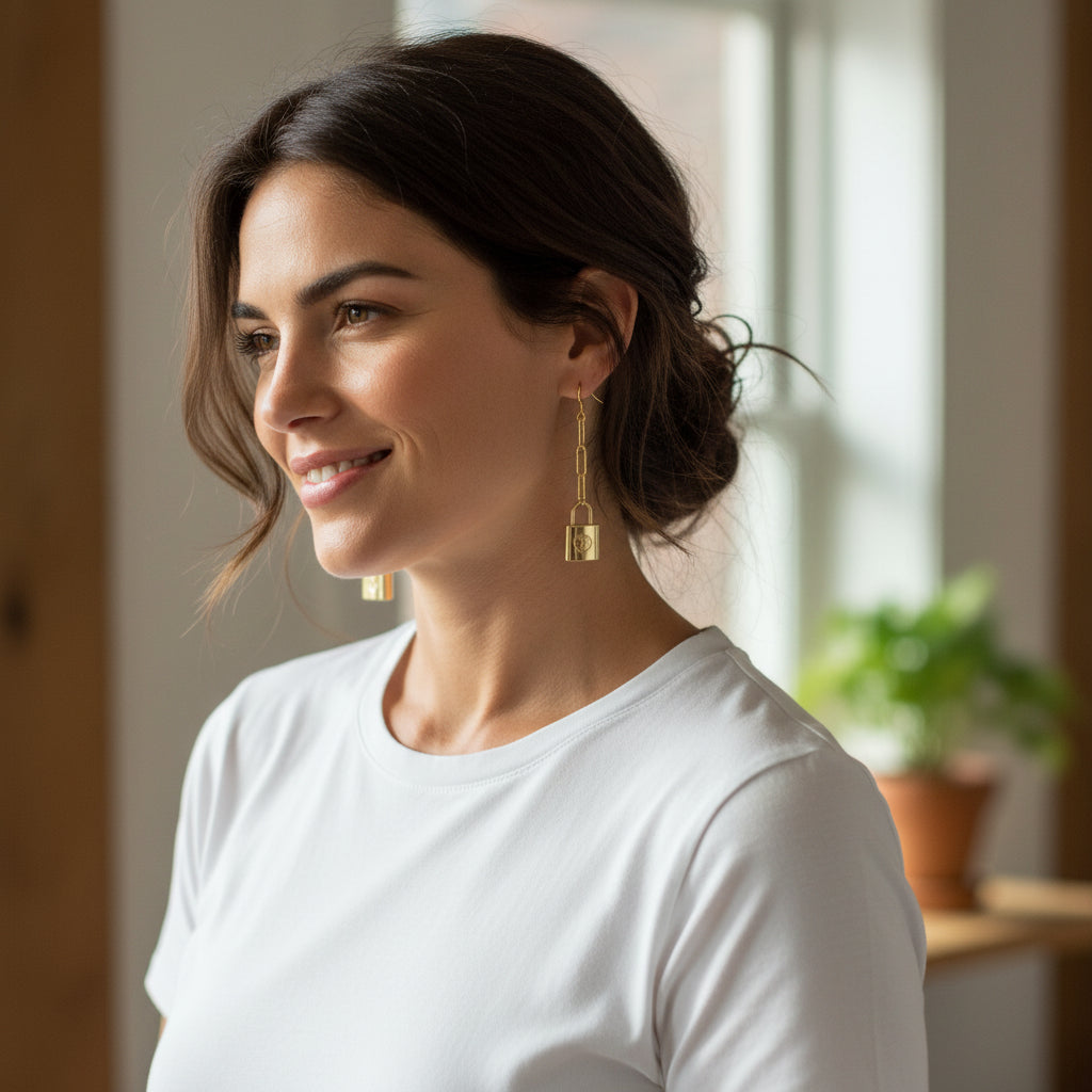 Golden Lock Link Drop Earrings