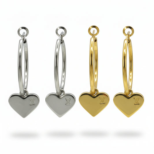 Engraved Heart Charm Hoop Earrings