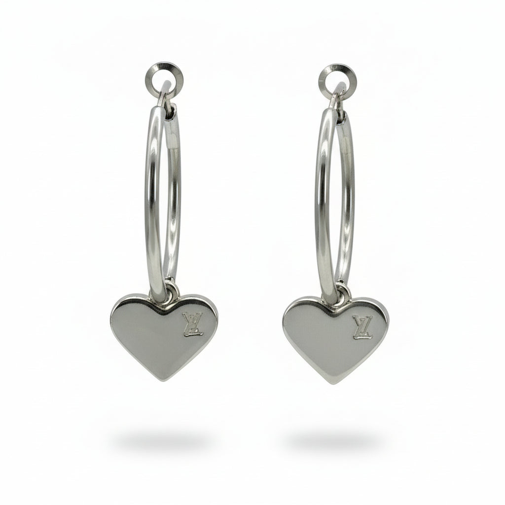 Engraved Heart Charm Hoop Earrings