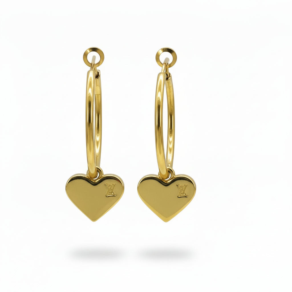 Engraved Heart Charm Hoop Earrings