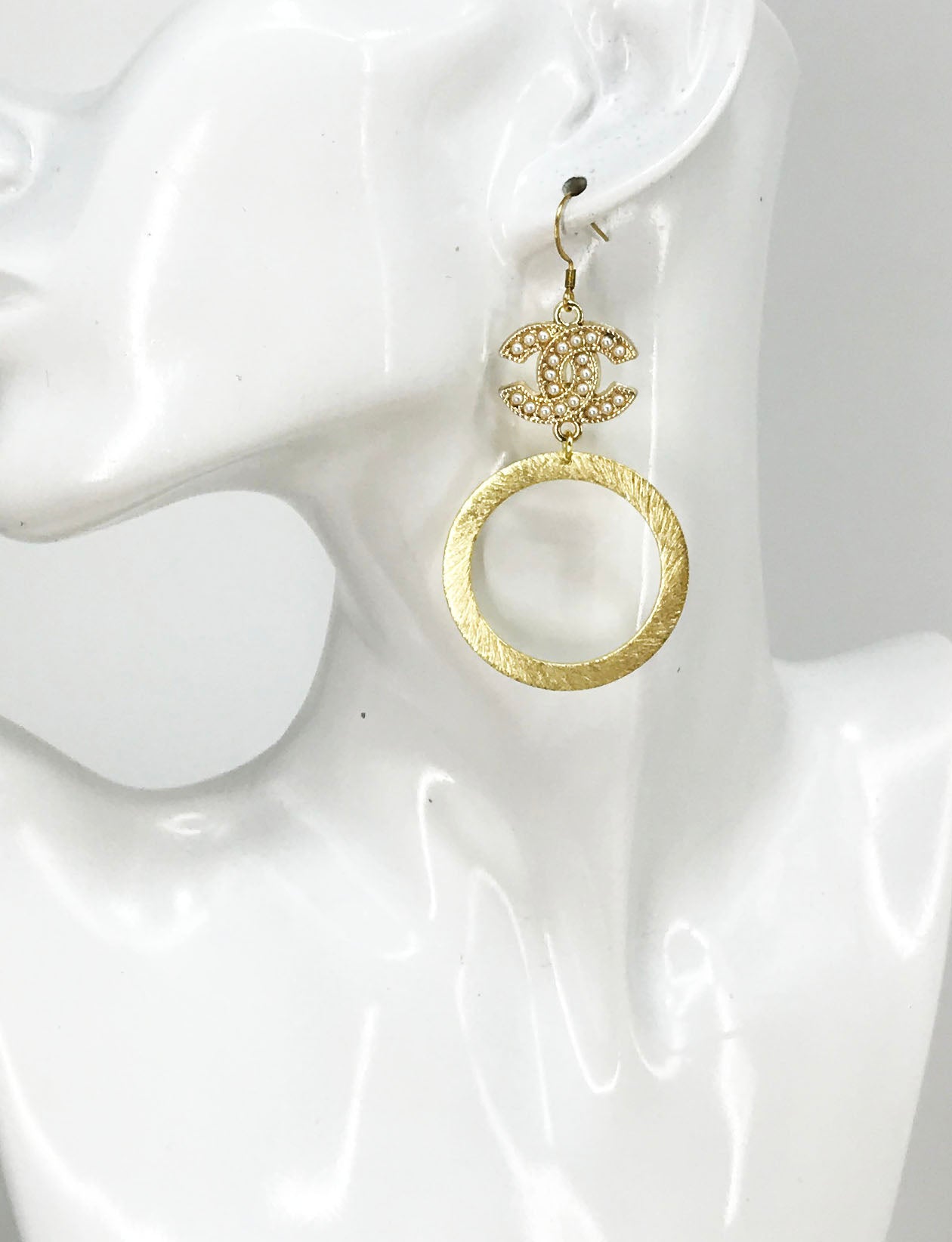 Pearl Charm Brushed Oval Drop Earrings