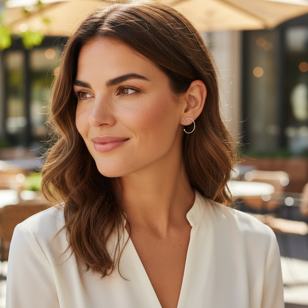 Modern Silver Open Hoop Stud Earrings