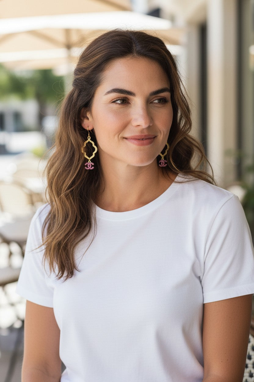 Hot Pink Sparkle Quatrefoil Drop Earrings