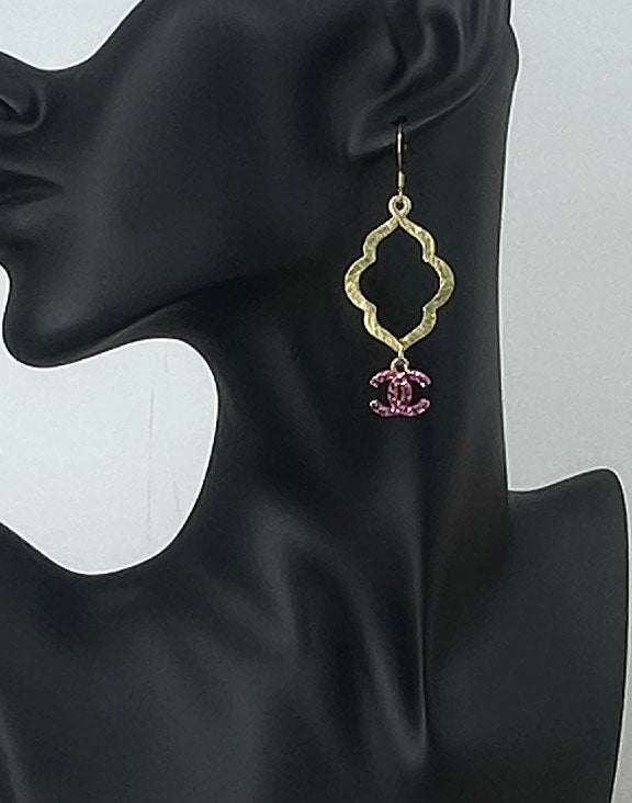 Hot Pink Sparkle Quatrefoil Drop Earrings