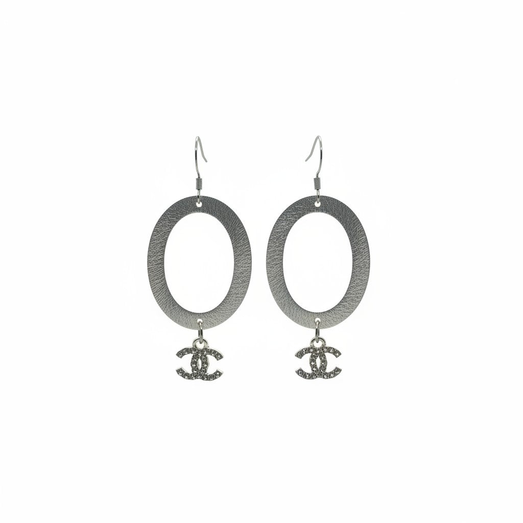 Brushed Silver Oval Rhinestone Pendant Earrings