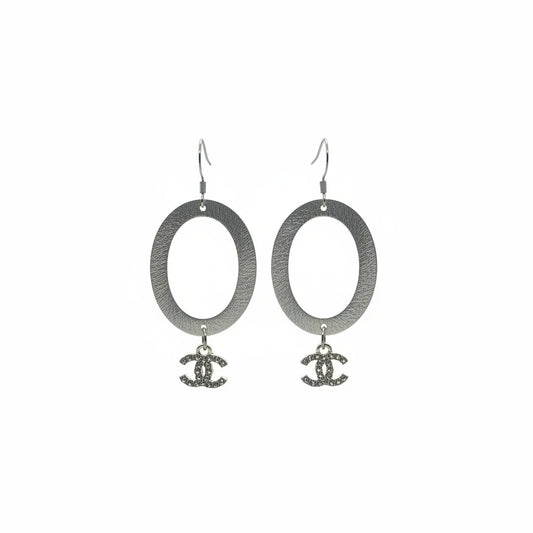Brushed Silver Oval Rhinestone Pendant Earrings