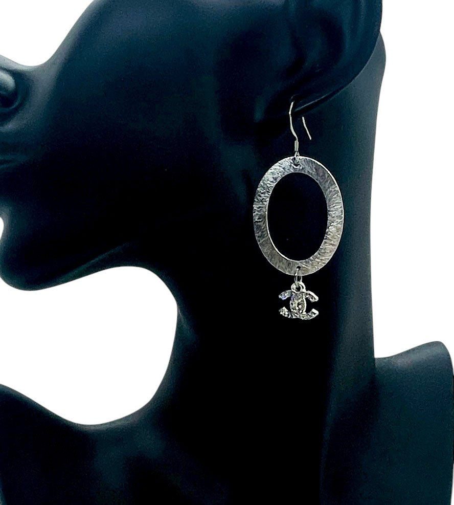Brushed Silver Oval Rhinestone Pendant Earrings
