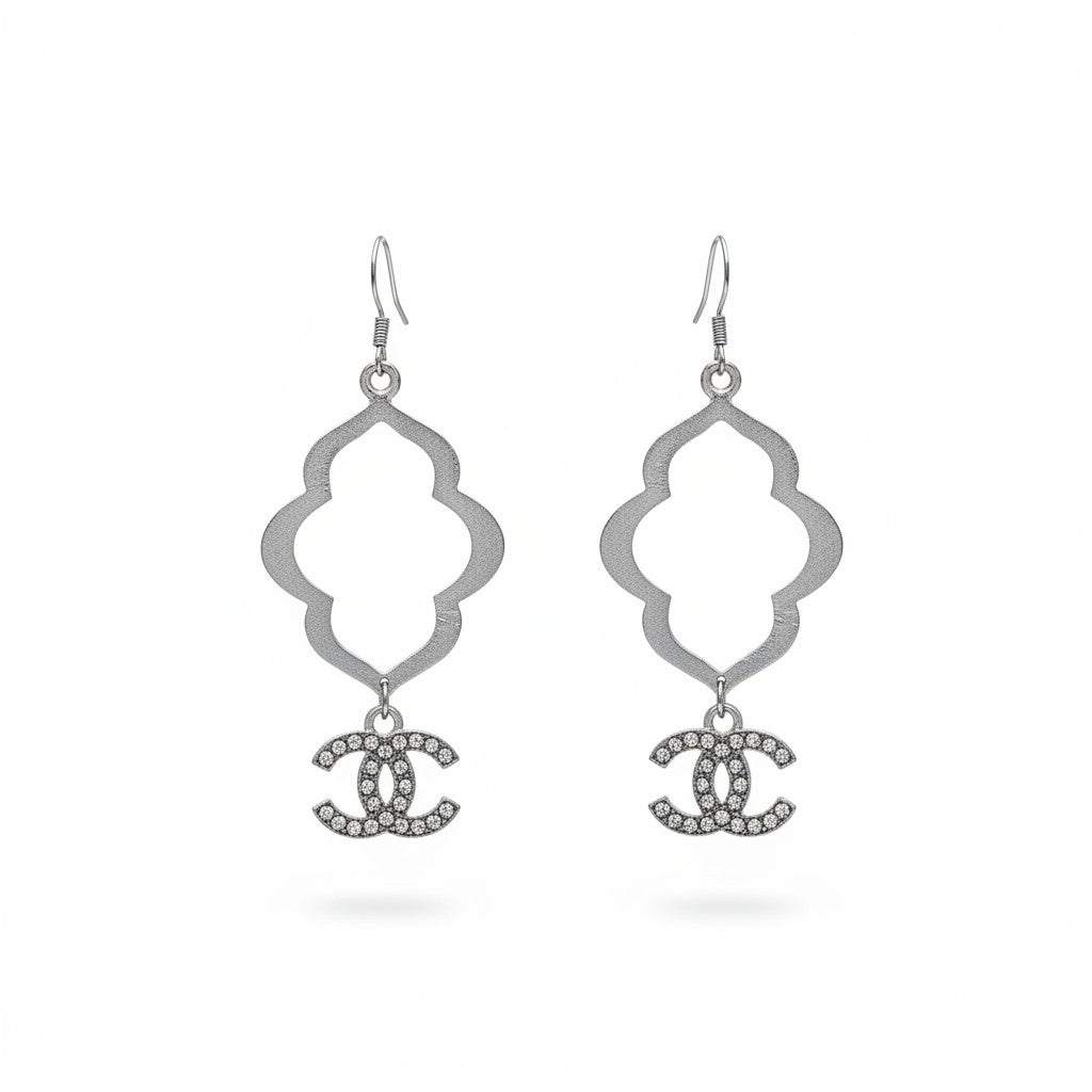 Brushed Silver Quatrefoil Rhinestone Pendant Earrings