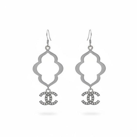 Brushed Silver Quatrefoil Rhinestone Pendant Earrings