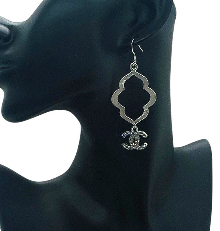 Brushed Silver Quatrefoil Rhinestone Pendant Earrings