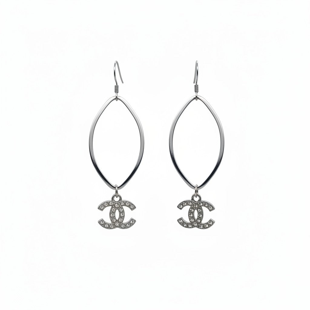 Brushed Silver Marquise Rhinestone Pendant Earrings