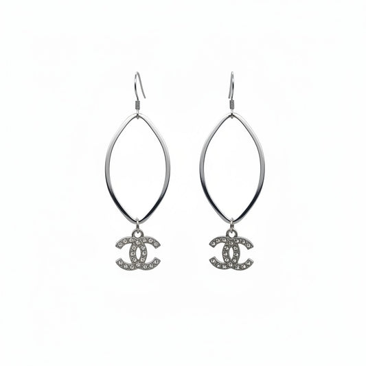 Brushed Silver Marquise Rhinestone Pendant Earrings
