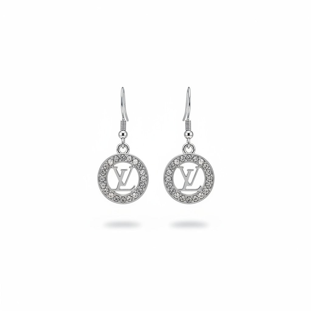 Silver Rhinestone Circle Charm Earrings