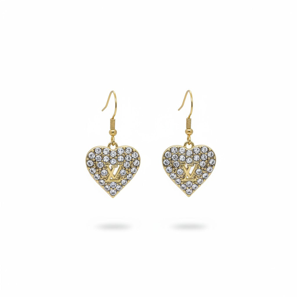 Gold Rhinestone Heart Charm Earrings