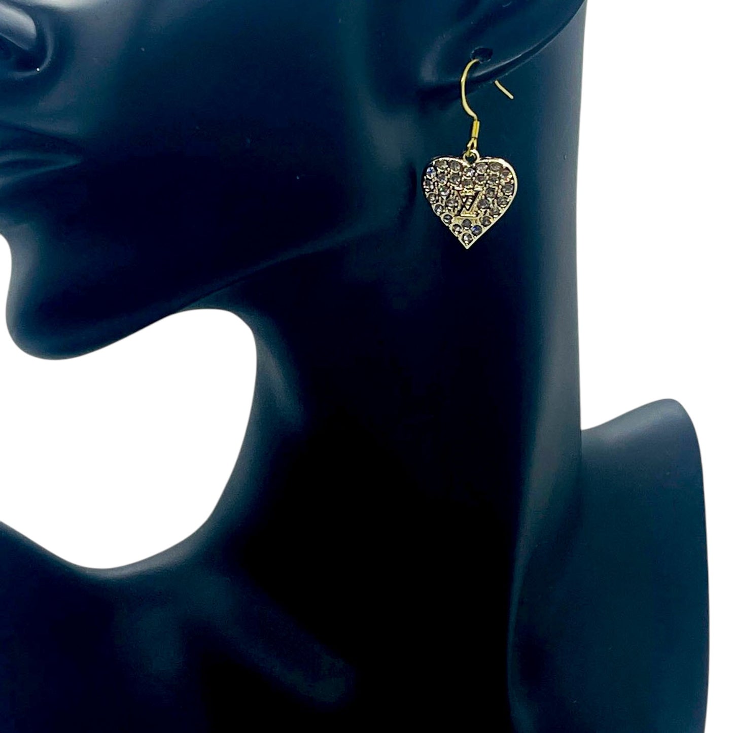 Gold Rhinestone Heart Charm Earrings