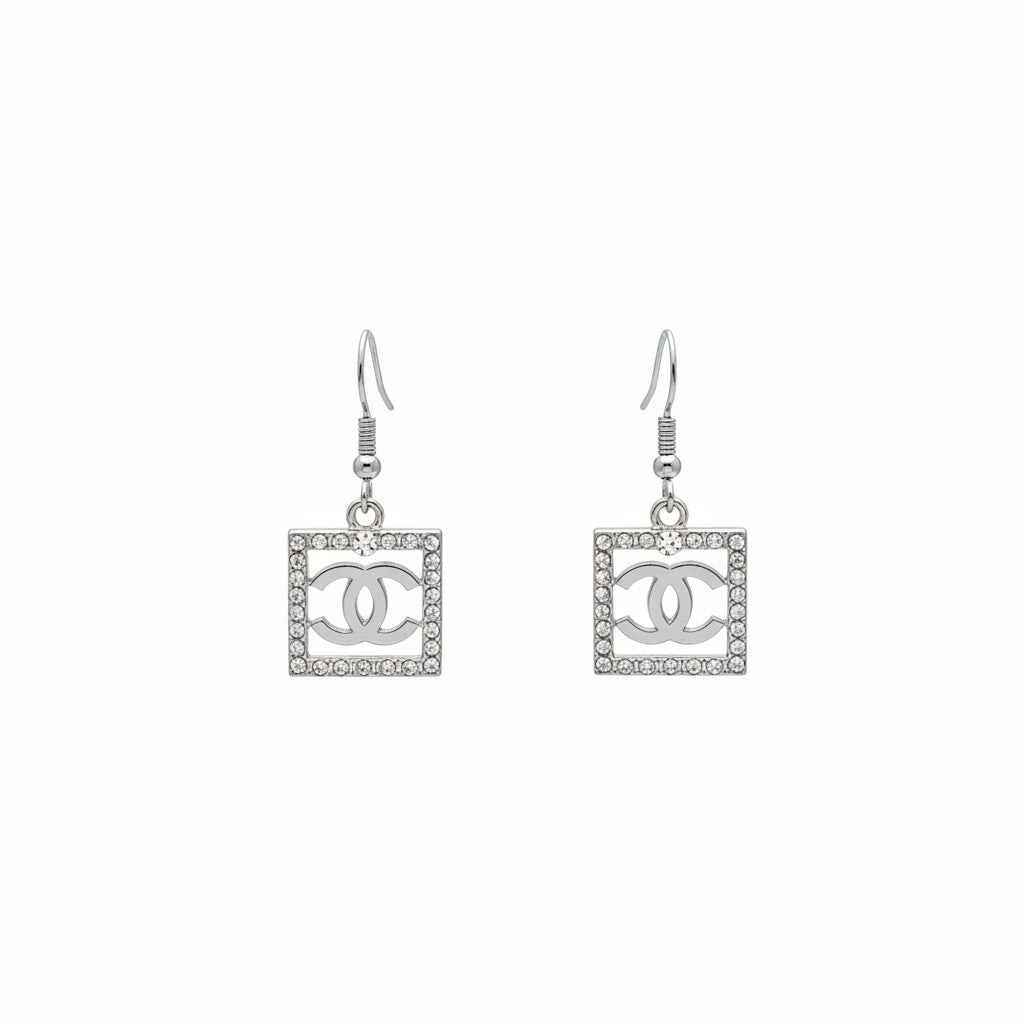 Silver Rhinestone Rectangle Charm Earrings
