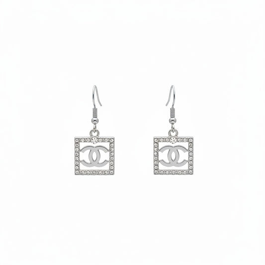 Silver Rhinestone Rectangle Charm Earrings