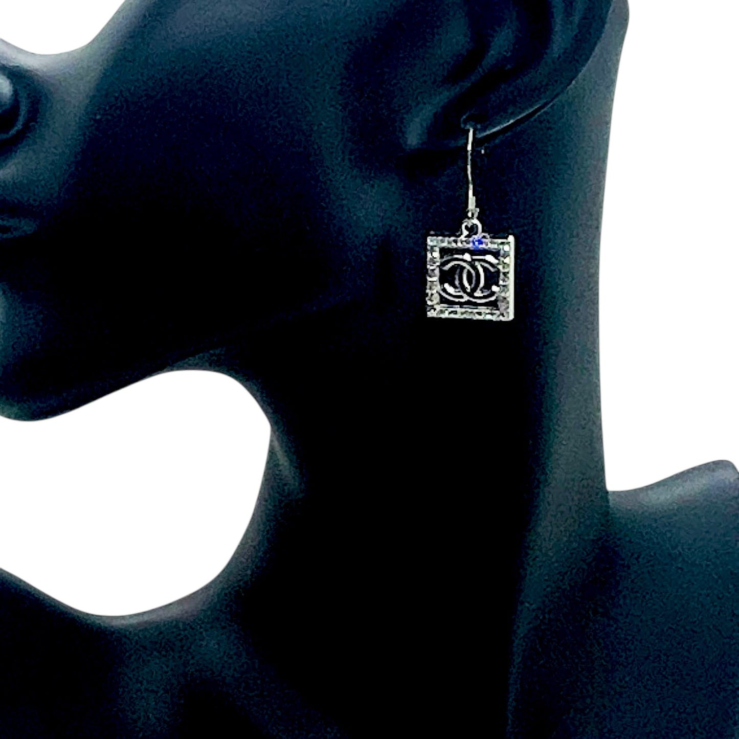 Silver Rhinestone Rectangle Charm Earrings
